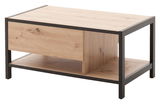 Moderner Couchtisch aus Holz mit schwarzem Metallrahmen, seitliche Perspektive