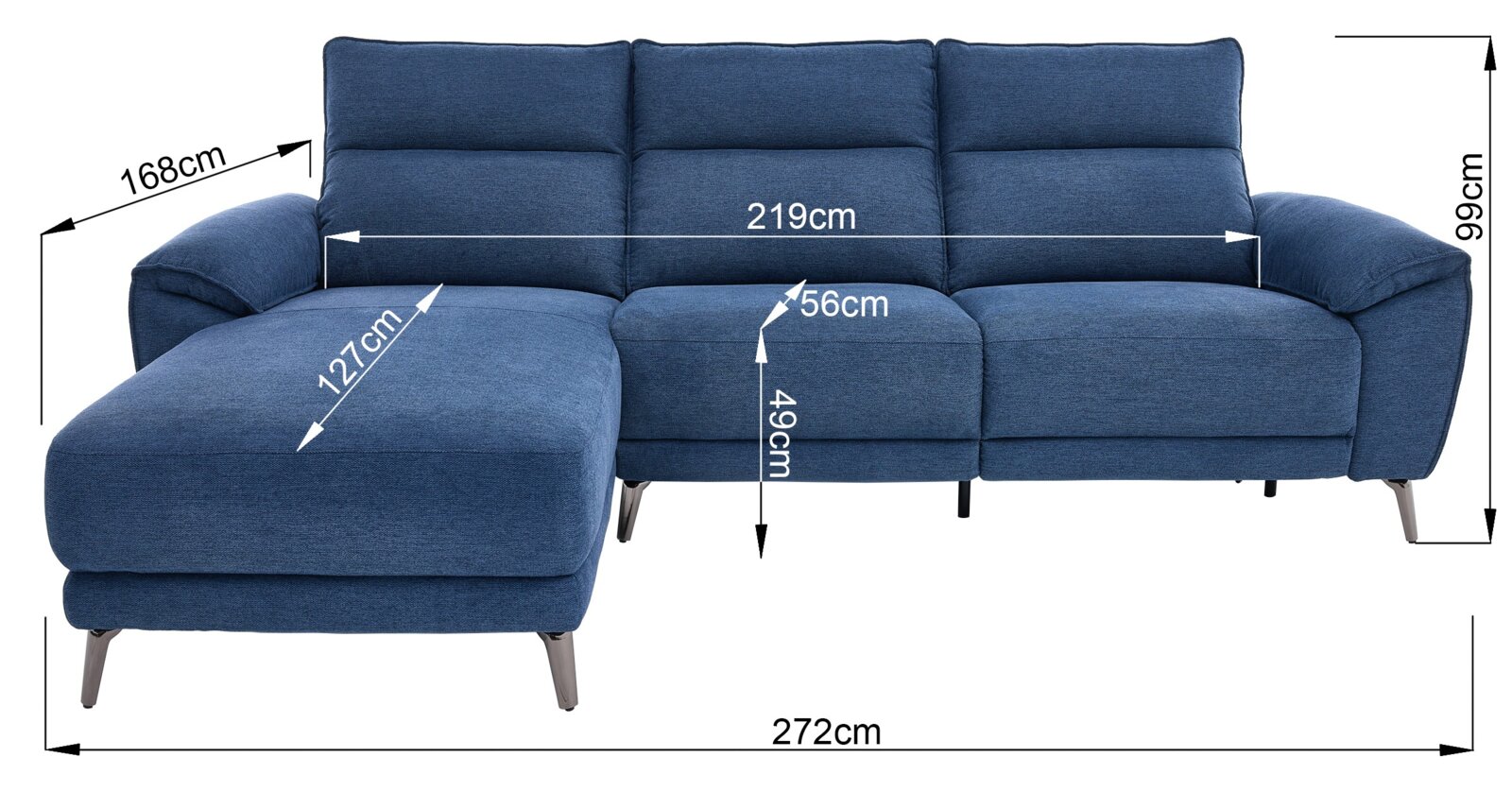 Blaue L-förmige Eckcouch mit Ottomane links, Stoffbezug und Metallfüßen, mit Maßangaben (ca. 272 cm Breite, 168 cm Tiefe, 99 cm Höhe) – Frontansicht leicht von oben.