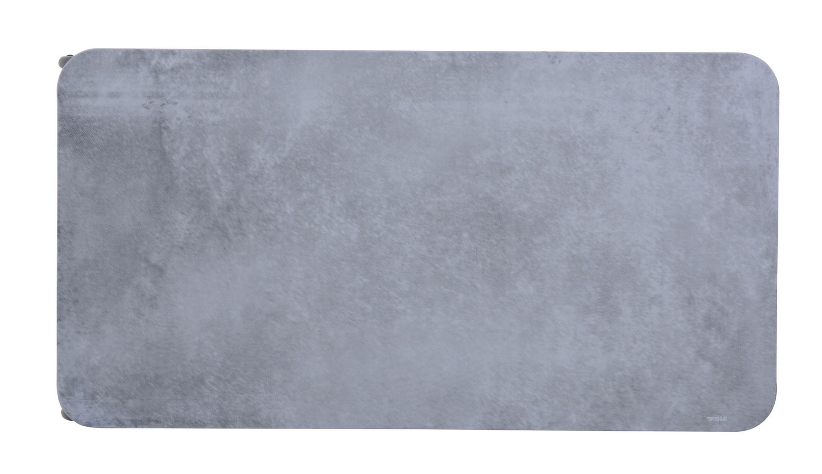 Draufsicht auf eine rechteckige, graue Tischplatte mit abgerundeten Ecken.