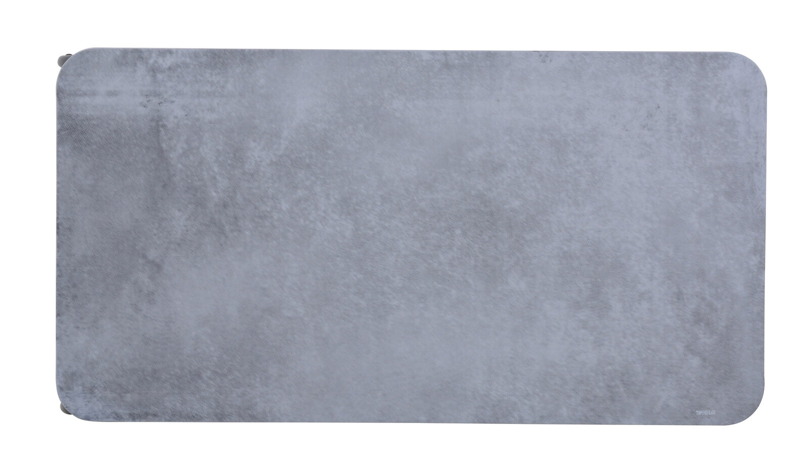 Draufsicht auf eine rechteckige, graue Tischplatte mit abgerundeten Ecken.