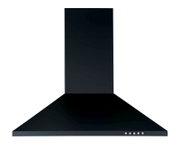 Schwarze Wand-Dunstabzugshaube mit breiter Haube und Bedienknöpfen an der Vorderkante, frontal von vorne fotografiert.