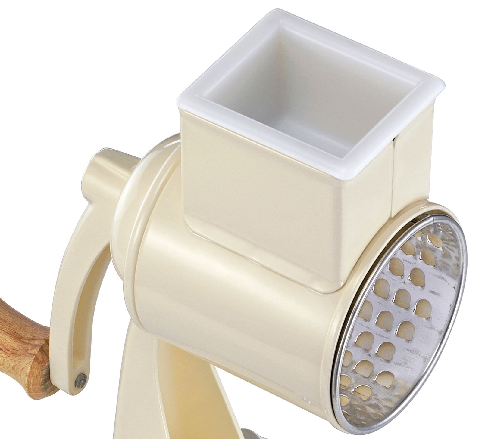 Nahaufnahme der cremefarbenen Zassenhaus Trommelreibe CLASSIC mit Holzgriff und Trommelansicht von der Seite.