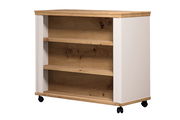 Buffetwagen aus Holz mit zwei Regalböden und Rollen, seitliche Perspektive