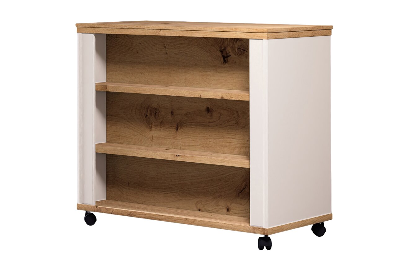 Buffetwagen aus Holz mit zwei Regalböden und Rollen, seitliche Perspektive