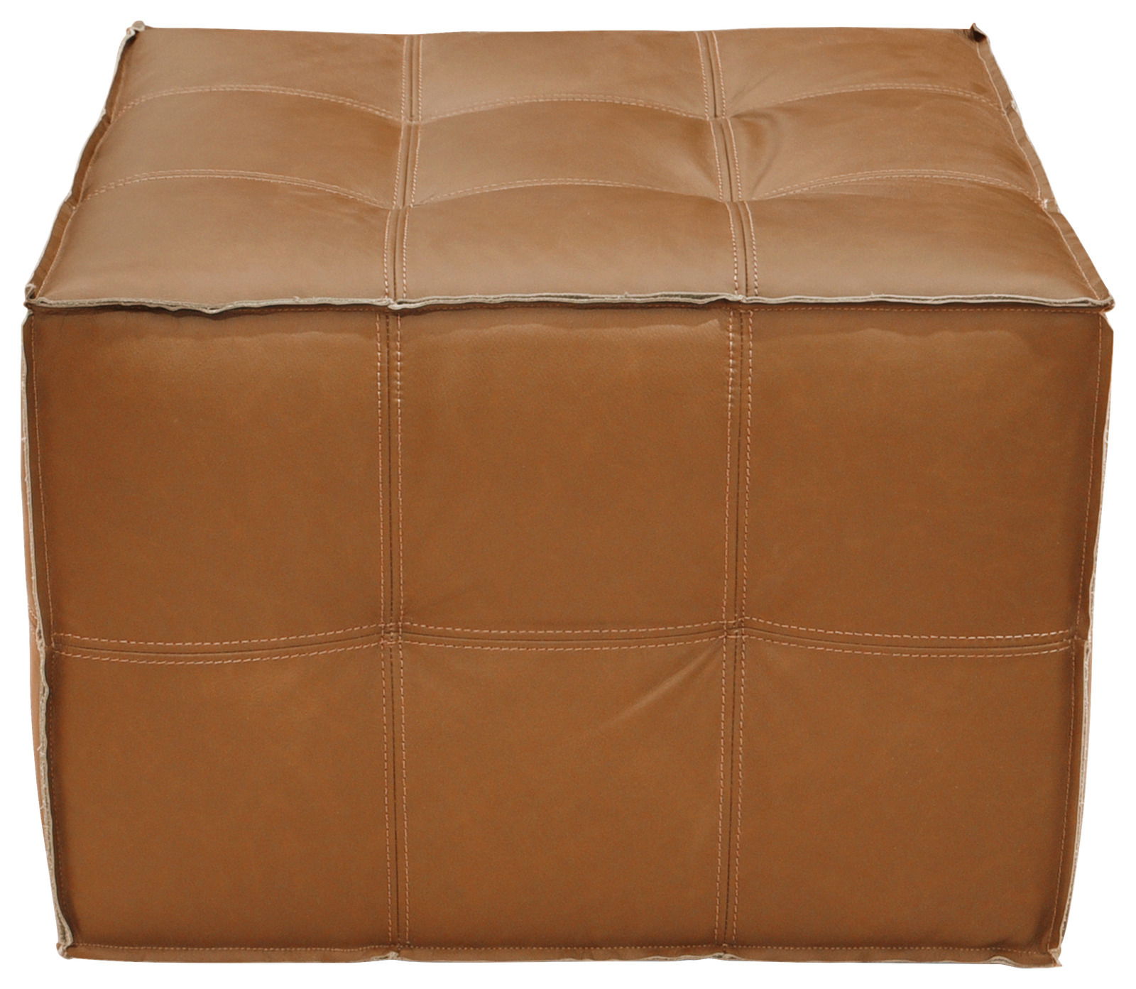 Landscape Hocker VERO Brauner, quadratischer Hocker aus Leder, frontal fotografiert.