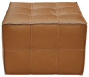 Brauner, quadratischer Hocker aus Leder, frontal fotografiert.