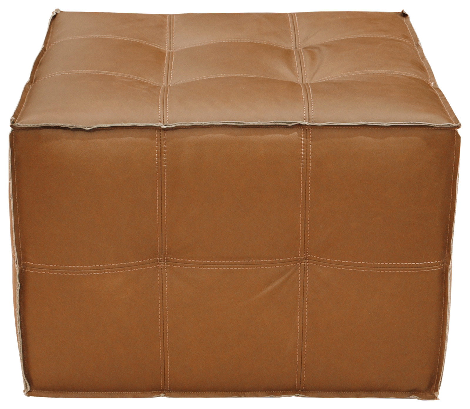 Brauner, quadratischer Hocker aus Leder, frontal fotografiert.
