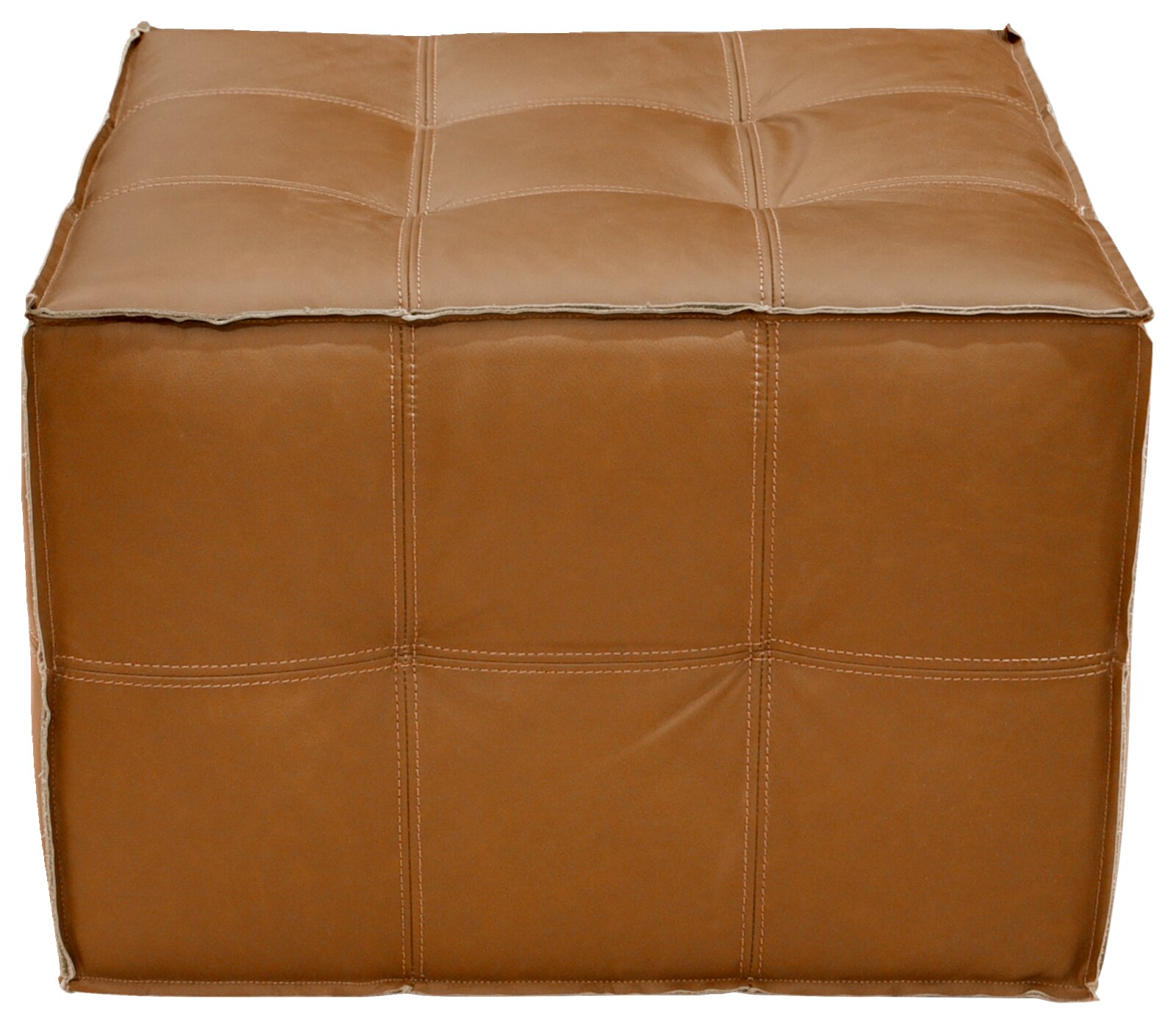 Brauner, quadratischer Hocker aus Leder, frontal fotografiert.