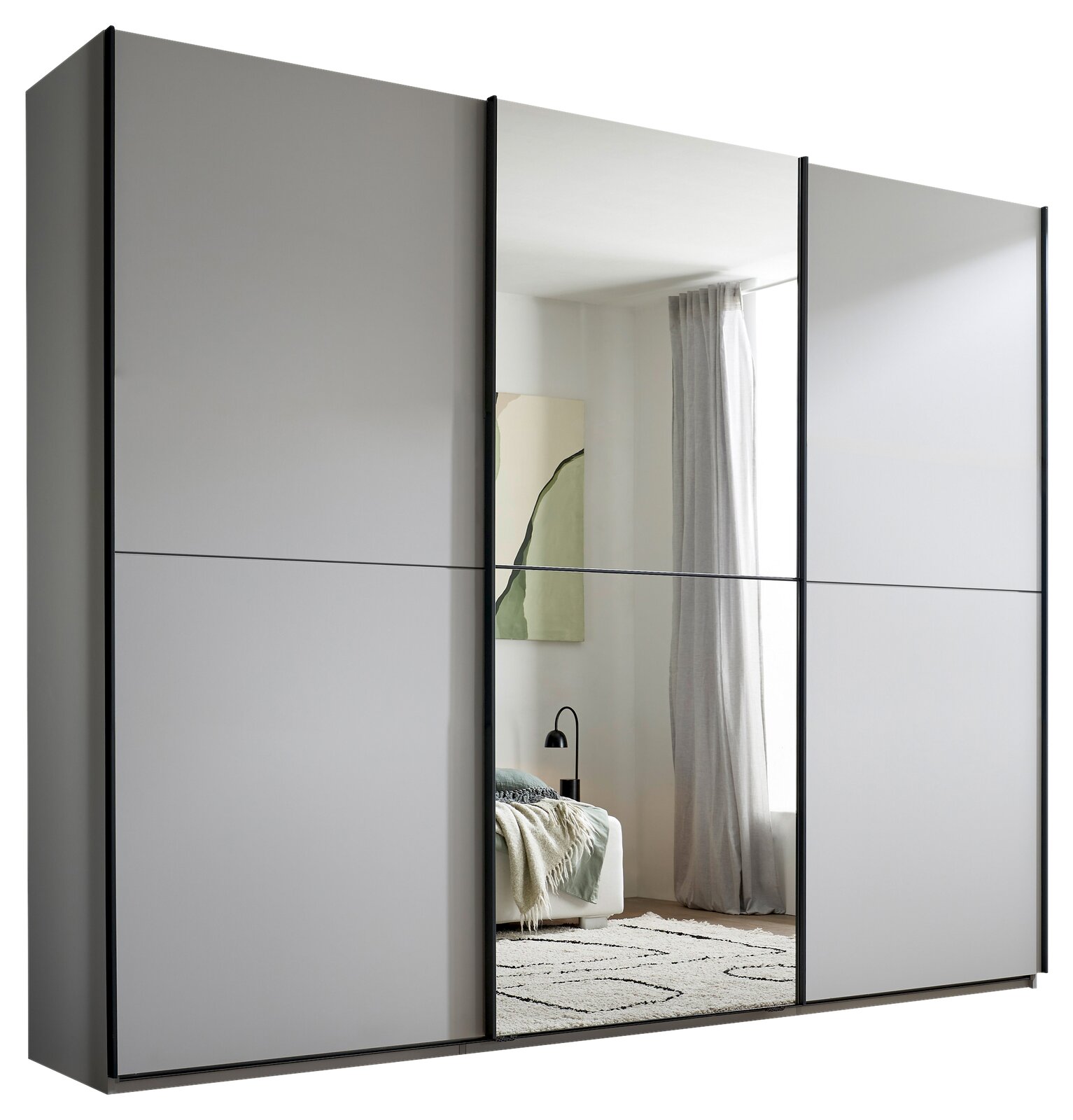 XORA Schwebetürenschrank 3-türig METRINO Moderner Kleiderschrank mit drei Schiebetüren, mittlere Tür als großer Spiegel, graue Fronten und schwarzer Rahmen, in schräger Frontansicht von links.