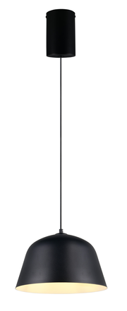 Schwarze Hängeleuchte mit zylindrischem Baldachin und halbkugelförmigem Lampenschirm, seitliche Perspektive