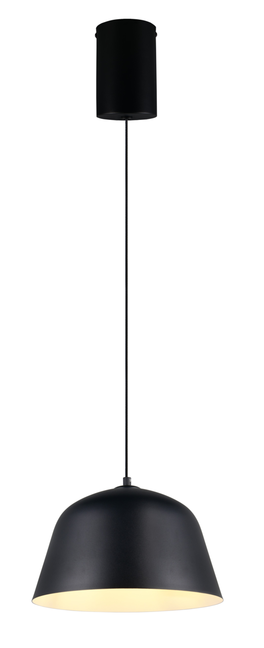 Schwarze Hängeleuchte mit zylindrischem Baldachin und halbkugelförmigem Lampenschirm, seitliche Perspektive