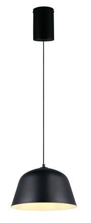 Schwarze Hängeleuchte mit zylindrischem Baldachin und halbkugelförmigem Lampenschirm, seitliche Perspektive