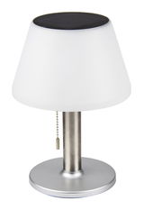 Solar Tischleuchte mit weißem Schirm und silbernem Standfuß, seitliche Perspektive