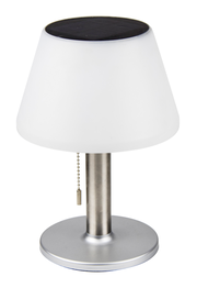 Solar Tischleuchte mit weißem Schirm und silbernem Standfuß, seitliche Perspektive