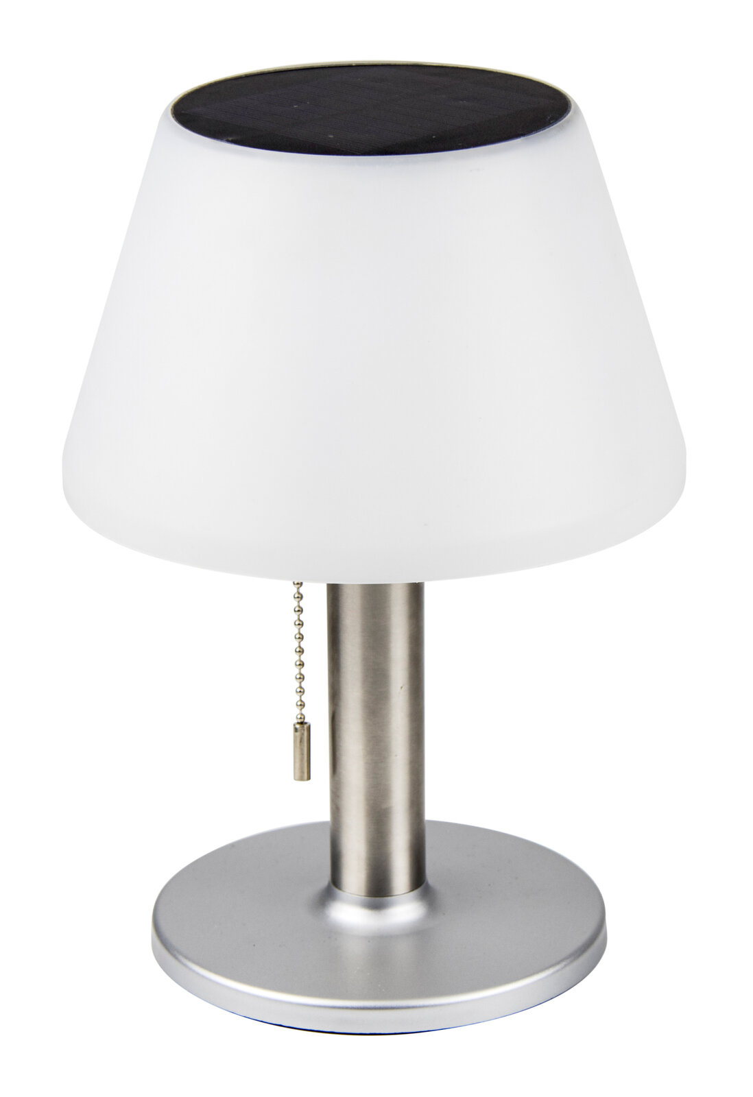 Kynast Exclusive Solar Tischleuchte Solar Tischleuchte mit weißem Schirm und silbernem Standfuß, seitliche Perspektive