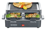 Raclette-Grill mit Grillplatte, Vorderansicht, zwei Pfännchen mit Gemüse und Käse, Grillplatte mit Hähnchen und Paprika.