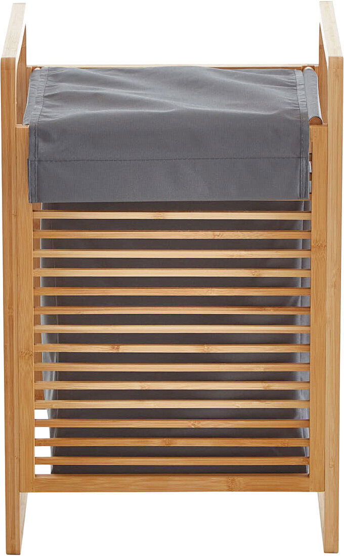Bambus-Wäschekorb mit grauem Stoffeinsatz und Lamellenfront, frontale Ansicht