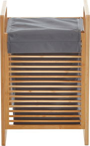 Bambus-Wäschekorb mit grauem Stoffeinsatz und Lamellenfront, frontale Ansicht