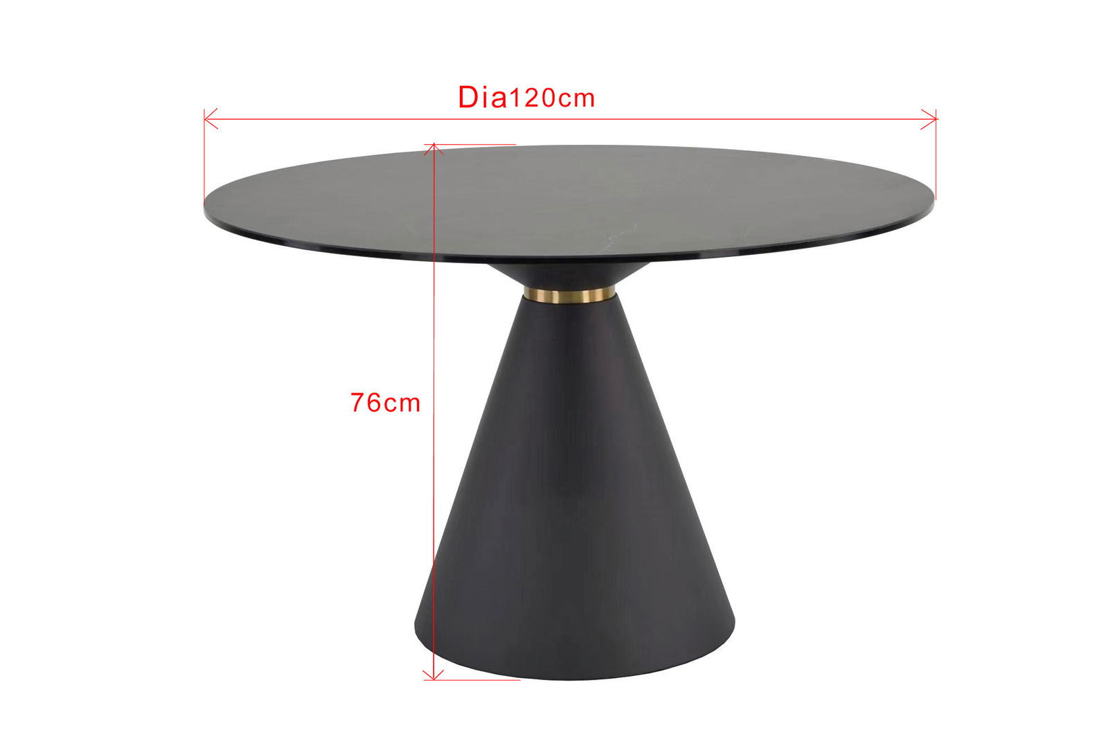 Runder Esstisch mit schwarzer Tischplatte und konischem Sockel, seitliche Perspektive