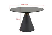 Runder Esstisch mit schwarzer Tischplatte und konischem Sockel, seitliche Perspektive