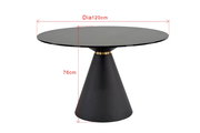 Runder Esstisch mit schwarzer Tischplatte und konischem Sockel, seitliche Perspektive