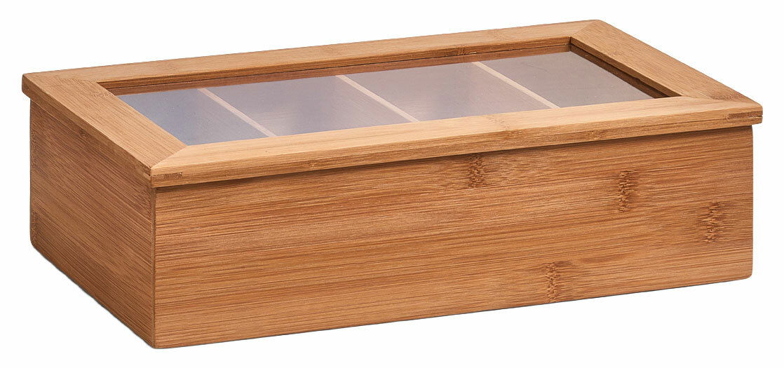 Teebeutelbox aus Holz mit transparentem Deckel, seitliche Perspektive