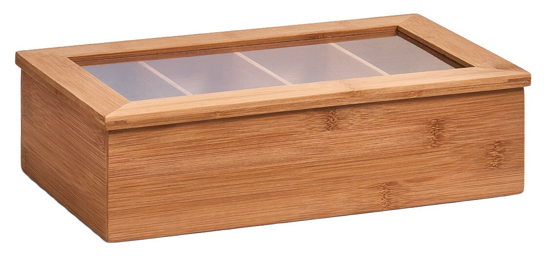 Teebeutelbox aus Holz mit transparentem Deckel, seitliche Perspektive