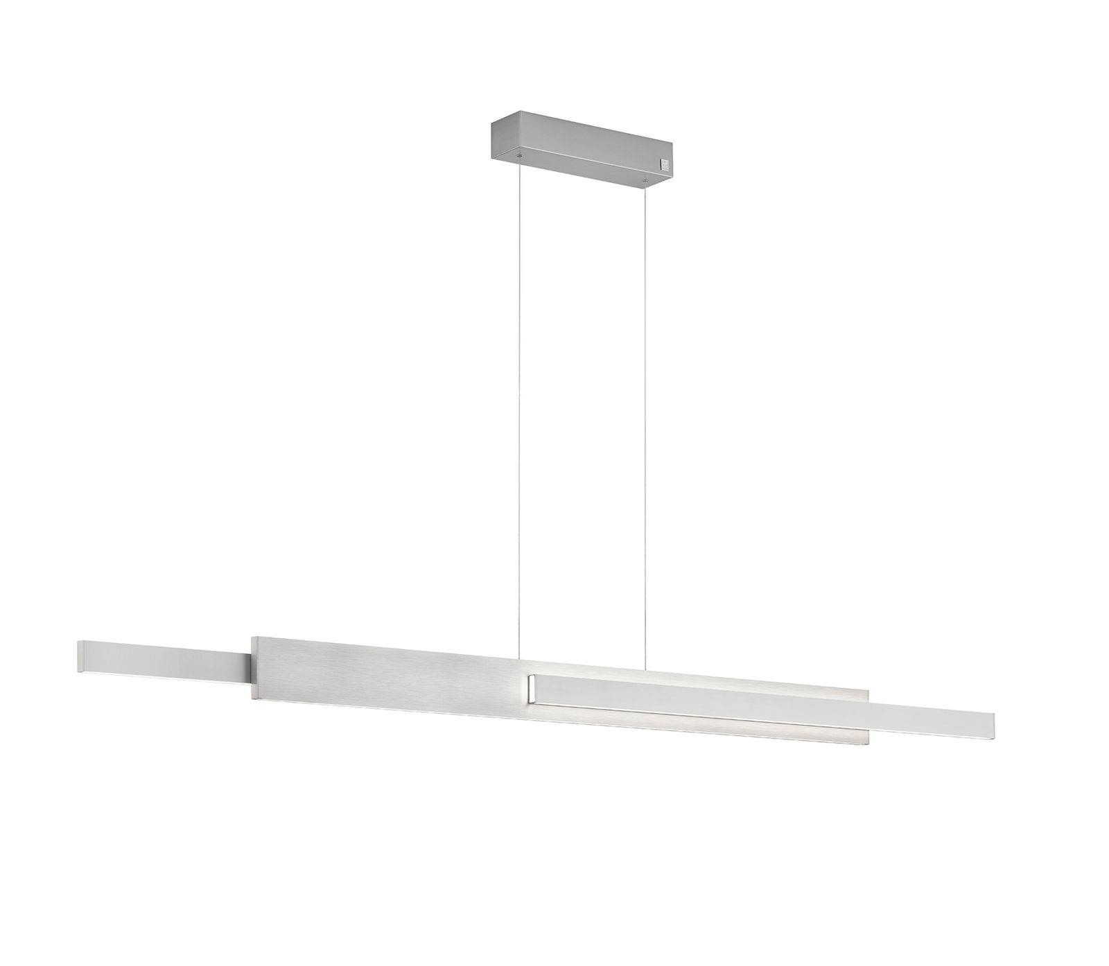 Moderne Pendelleuchte Musterring RIVERA in seitlicher Perspektive, mit schlankem, rechteckigem Design und silberner Oberfläche.