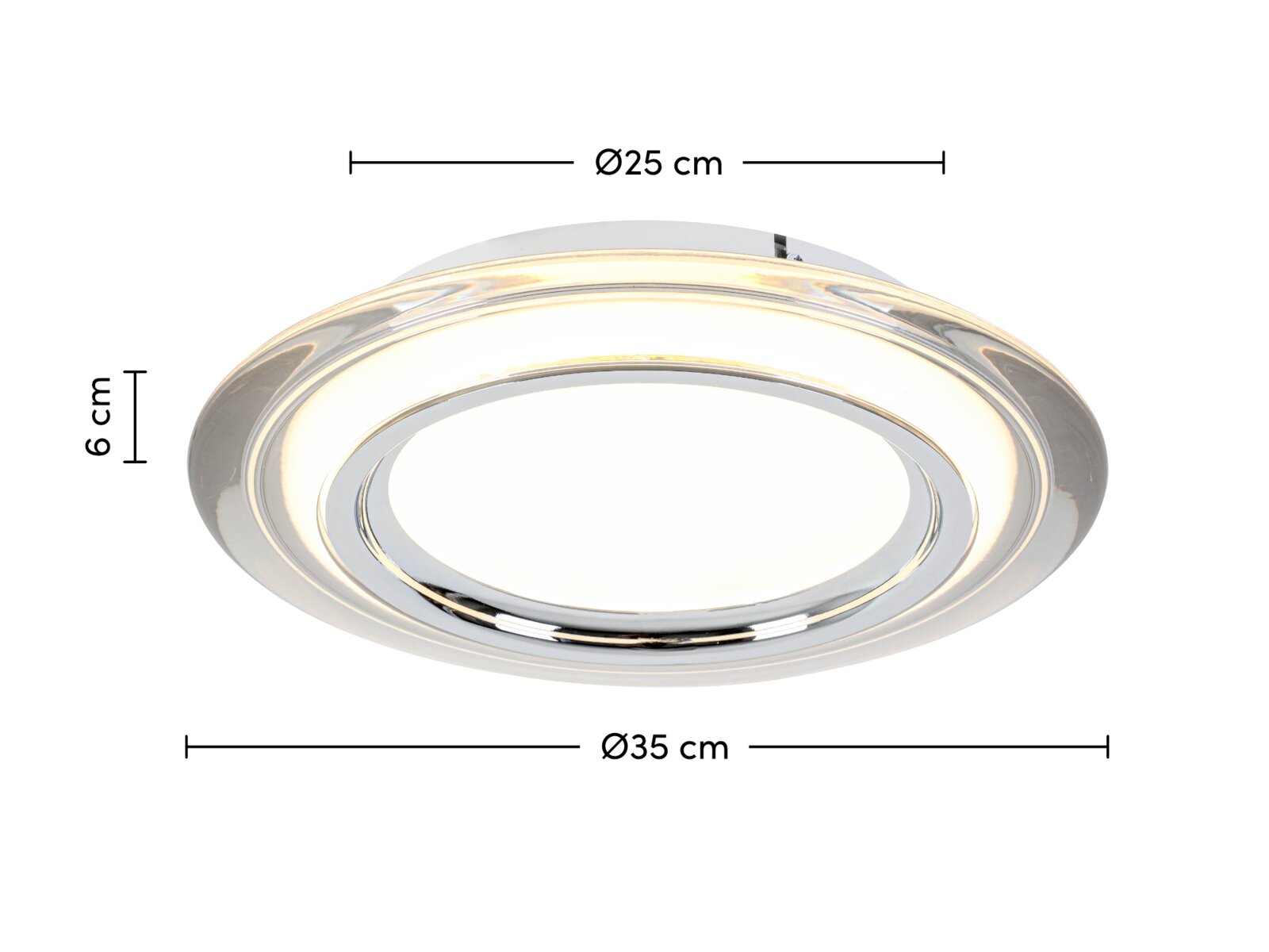 Runde LED-Deckenleuchte mit einem Durchmesser von 35 cm und einer Höhe von 6 cm, seitliche Perspektive