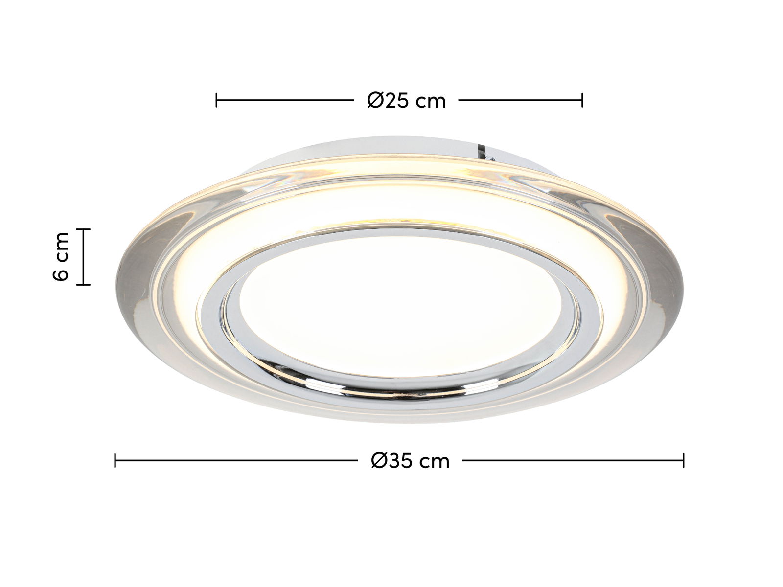 Runde LED-Deckenleuchte mit einem Durchmesser von 35 cm und einer Höhe von 6 cm, seitliche Perspektive