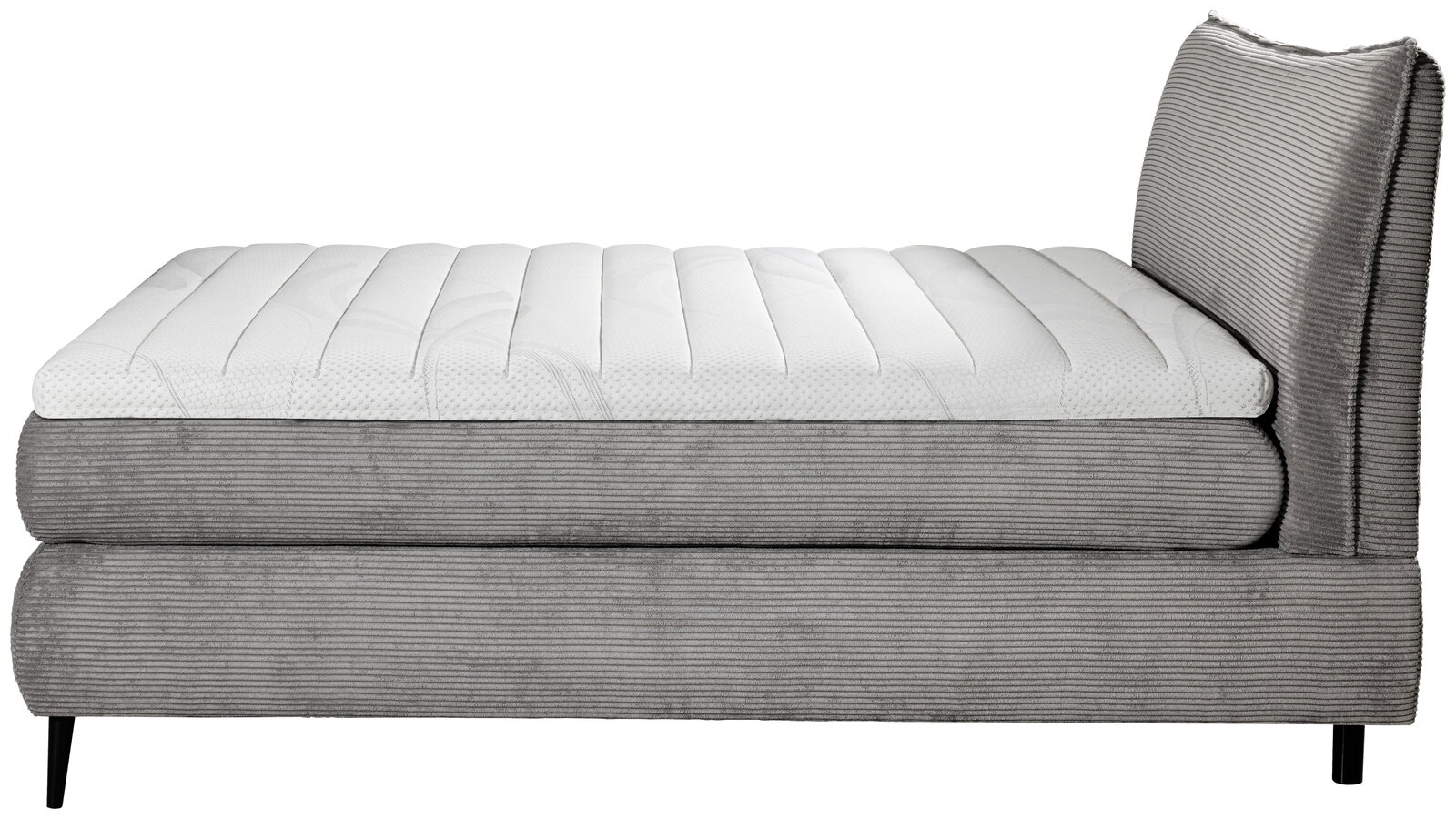 Seitenansicht eines grauen Boxspringbetts 180x200 mit gestepptem weißen Topper und schwarzem Fußgestell.