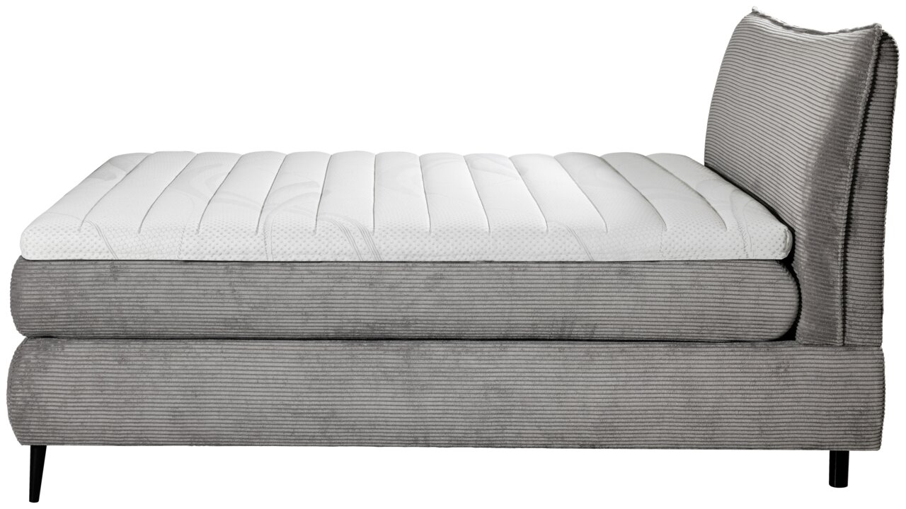 Esposa Boxspringbett BOSA Seitenansicht eines grauen Boxspringbetts 180x200 mit gestepptem weißen Topper und schwarzem Fußgestell.
