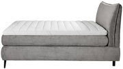 Zijaanzicht van een grijs boxspringbed van 180 x 200 cm met een gewatteerde witte topper en een zwart onderstel.