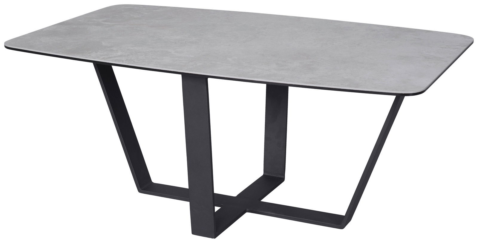 Moderner Couchtisch mit grauer Tischplatte und schwarzem Metallgestell, seitliche Perspektive