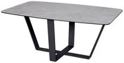 Moderner Couchtisch mit grauer Tischplatte und schwarzem Metallgestell, seitliche Perspektive