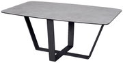Moderner Couchtisch mit grauer Tischplatte und schwarzem Metallgestell, seitliche Perspektive