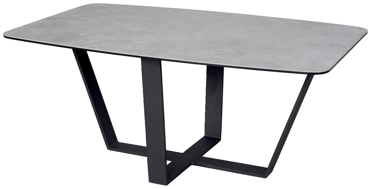 Moderner Couchtisch mit grauer Tischplatte und schwarzem Metallgestell, seitliche Perspektive