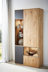 Zweiflügelige Vitrine aus Holz mit Glas- und Metallelementen, seitliche Perspektive, dekoriert mit Vasen und Schalen.