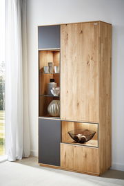 Zweiflügelige Vitrine aus Holz mit Glas- und Metallelementen, seitliche Perspektive, dekoriert mit Vasen und Schalen.