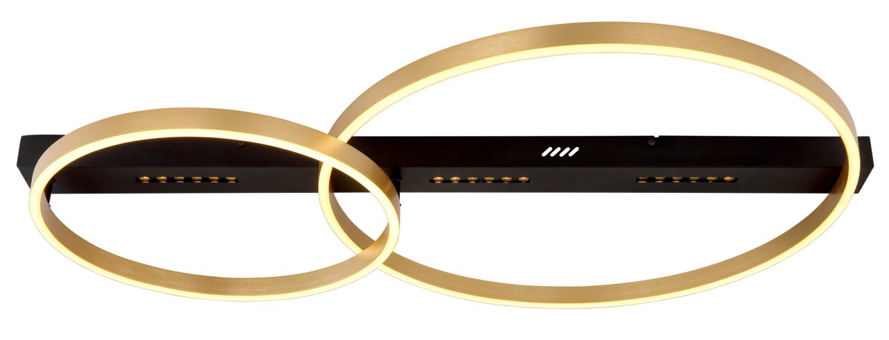 Moderne Deckenleuchte mit zwei ineinander verschlungenen, goldenen Ringen, seitliche Perspektive