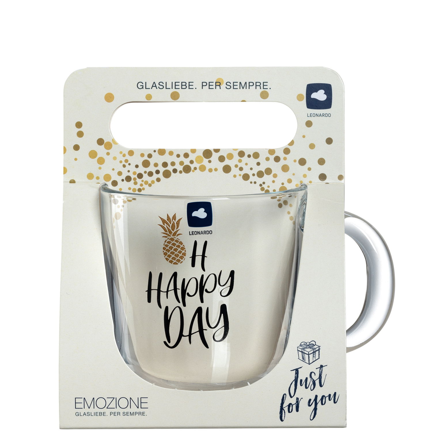 Glas-Tasse mit der Aufschrift 'Oh Happy Day' und einem Ananas-Motiv, frontal in der Verpackung präsentiert.
