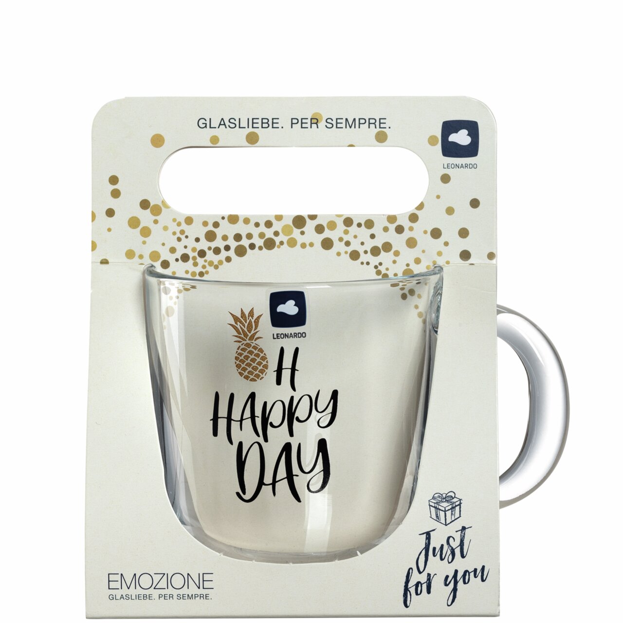 Glas-Tasse mit der Aufschrift 'Oh Happy Day' und einem Ananas-Motiv, frontal in der Verpackung präsentiert.