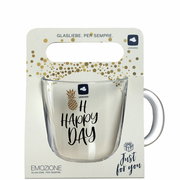 Glas-Tasse mit der Aufschrift 'Oh Happy Day' und einem Ananas-Motiv, frontal in der Verpackung präsentiert.