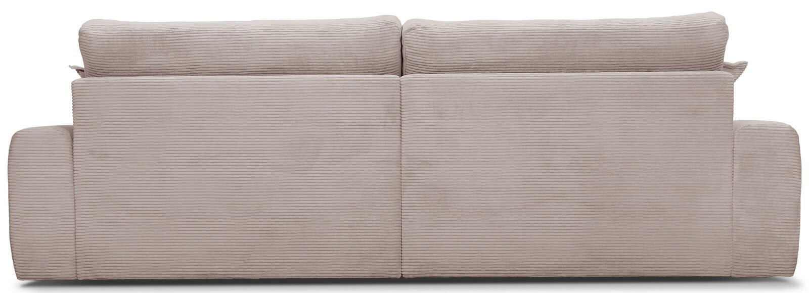 Rückansicht eines großen, beigen Sofas mit geripptem Stoffbezug.