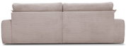 Rückansicht eines großen, beigen Sofas mit geripptem Stoffbezug.