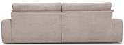 Rückansicht eines großen, beigen Sofas mit geripptem Stoffbezug.