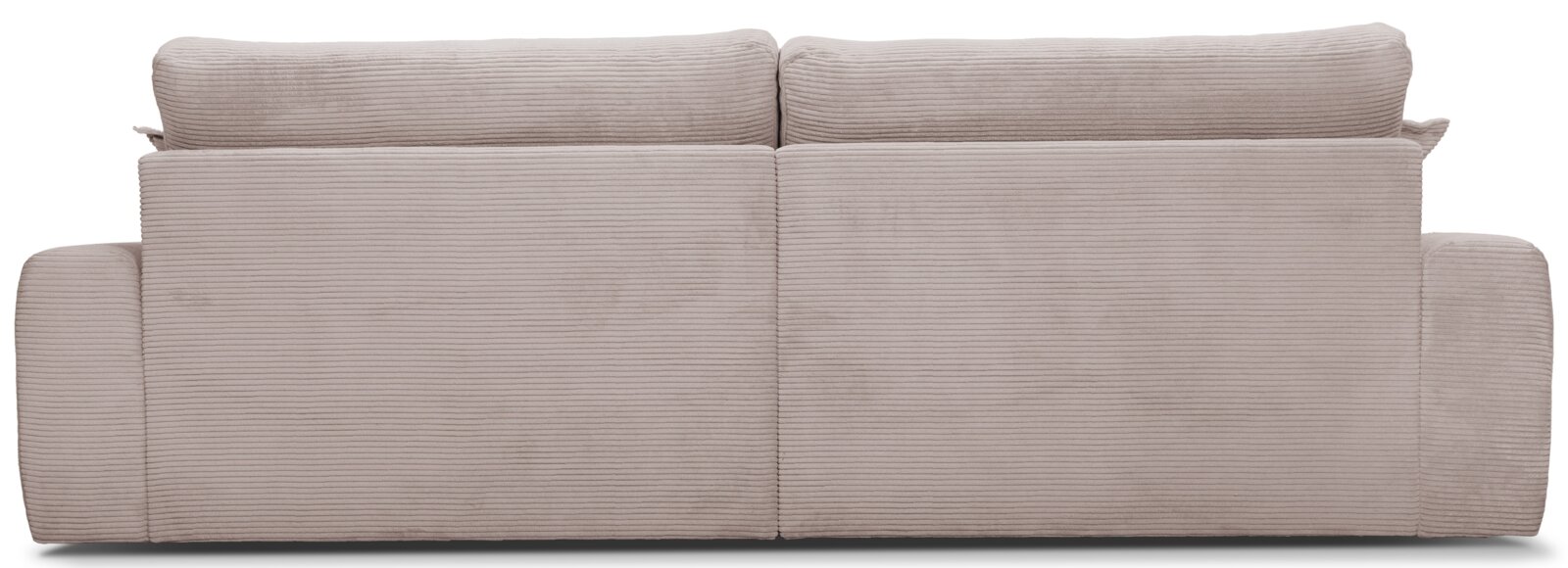 Achterkant van een grote, beige bank met geribbelde stoffen bekleding.