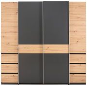 Moderner Dreh- und Schwebetürenschrank mit vier Türen in Holzoptik und dunklem Grau, Frontalansicht