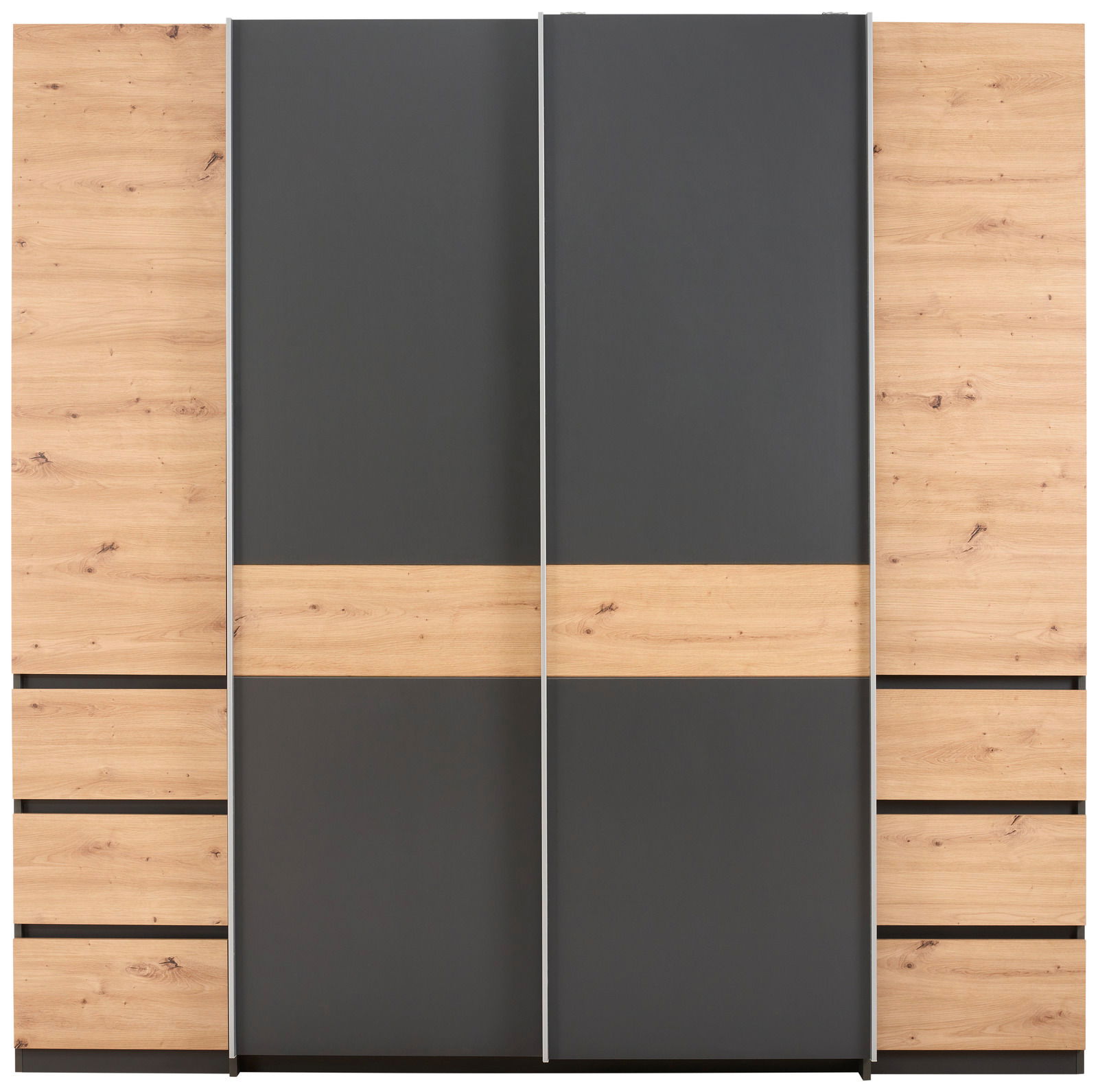 Moderner Dreh- und Schwebetürenschrank mit vier Türen in Holzoptik und dunklem Grau, Frontalansicht