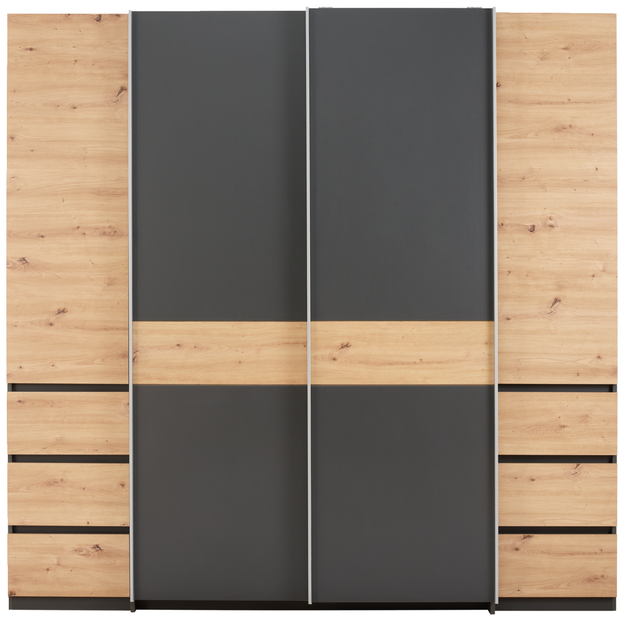 Moderner Dreh- und Schwebetürenschrank mit vier Türen in Holzoptik und dunklem Grau, Frontalansicht